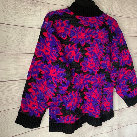 Vintage Floral Sweater Mock Turtleneck 80s 90s Neon Pink Purple Glitter Retro - Picture 14 of 15